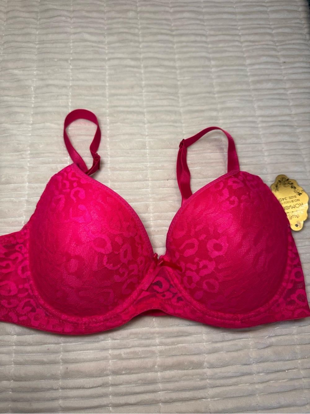 Hot Pink Leopard Lace Push Up Bra 34D Underwire Padded New
